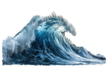 Dramatic depiction of a large ocean wave surging forward, its frothy crest reaching towards the viewer, contrasted by calm water below.