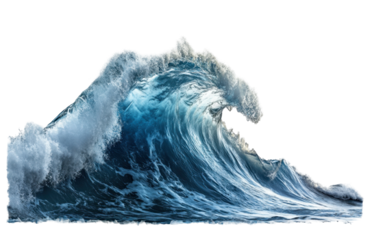 Dramatic depiction of a large ocean wave surging forward, its frothy crest reaching towards the viewer, contrasted by calm water below.