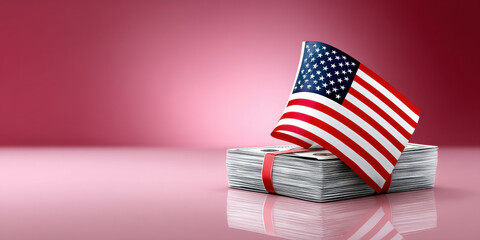 Fototapeta premium American flag draped over stack of money symbolizes economy and financial strength in United States