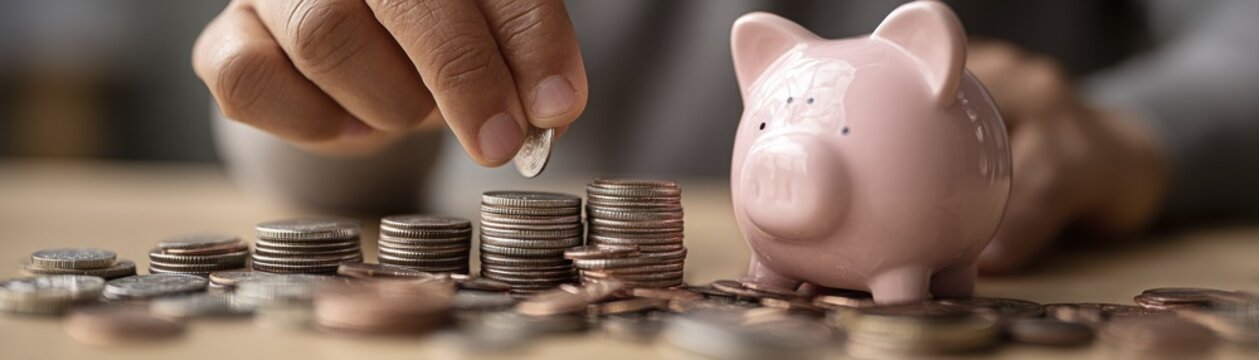 A ceramic piggy bank with scattered coins around it, suggesting borrowing or loan repayment Represents financial management concepts - bank and literacy expenses scattered