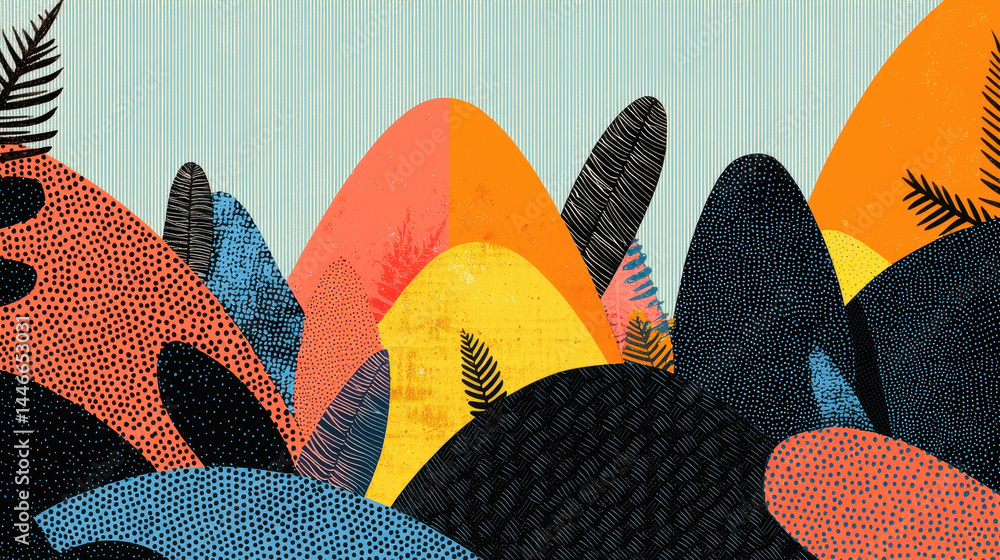 Poster tranquil colorful garden illustration displays abstract mountains with ferns and textures in a seren