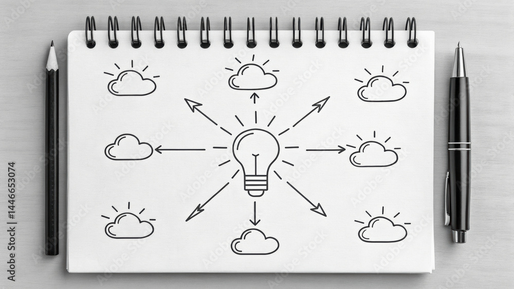 Poster black and white sketch of light bulb connected with arrows to multiple clouds on spiral notebook, pl