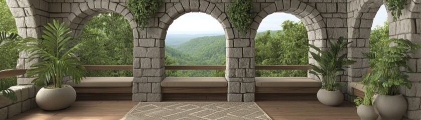 Fototapeta premium Serene meditation on a secluded jungle terrace, overlooking lush foliage - green lush hidden tranquility secluded