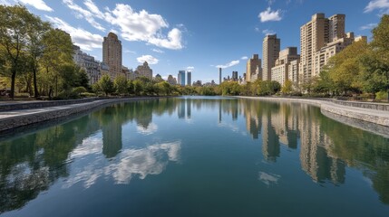 Serene Central Park pond reflecting Manhattan skyline, idyllic autumn scene - tranquil calm serene sunset