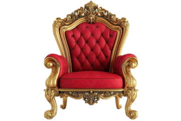 Luxurious,  red throne chair with intricate golden details.  It is elegantly designed.