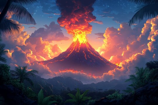Tropical volcano erupting at sunset, fiery clouds