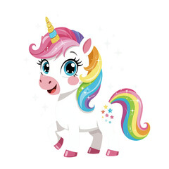 Naklejka premium Cute Rainbow Unicorn with Stars, Transparent Background