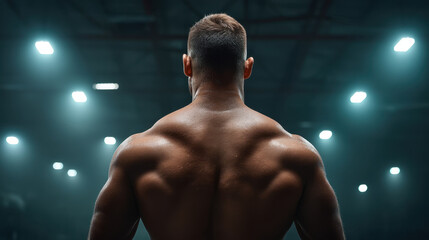 Muscular man with broad back and defined shoulder muscles stands under bright gym spotlights, showcasing strength and fitness in dark workout environment