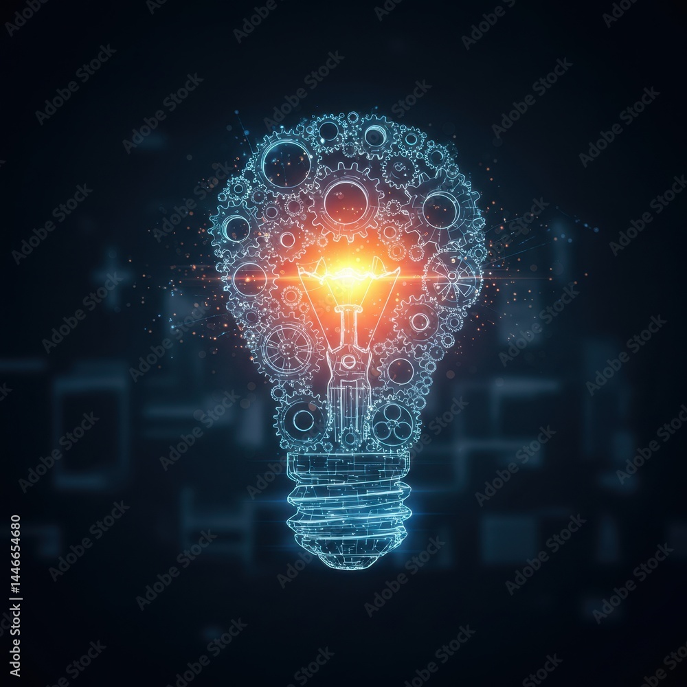 Poster ingenious innovation: a glowing lightbulb composed of intricate gears symbolizing technological adva