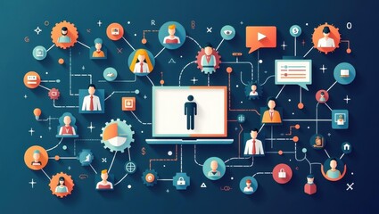 Internet Accessibility Discrimination. Universal Digital Access. Person sits at laptop, surrounded by inclusive digital icons, symbolizing equal access to internet.