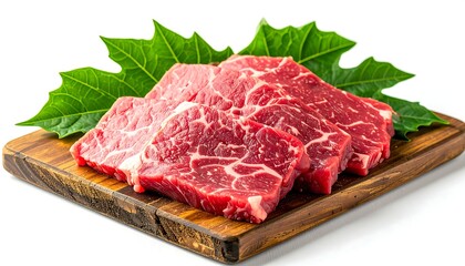Fototapeta premium Raw Meat on Wooden Board with Papaya Leaf