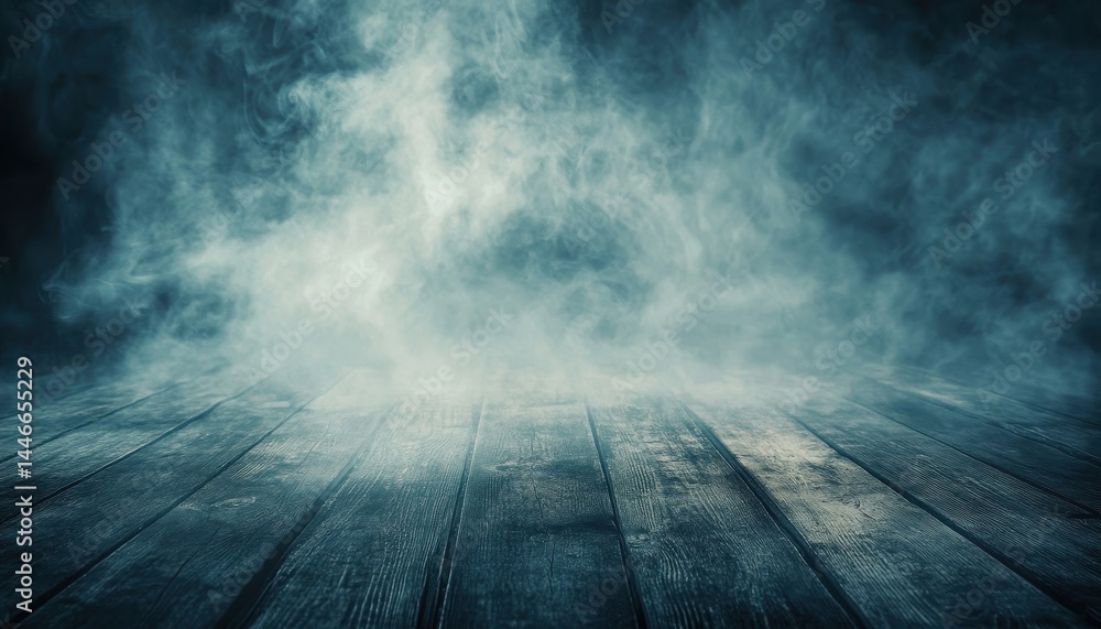 Aufkleber Abstract Dark Background Featuring Blue Smoke or Fog with Wooden Planks in a Stage Like Setting Creating a Moody and Atmospheric Scene Ideal for Composite Imagery and Design Projects