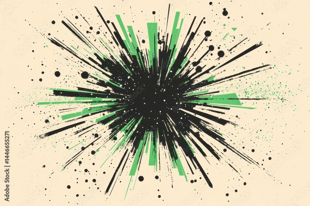 Fototapete Abstract Explosion with Black and Green Rays on Beige Background Featuring a Starburst Effect and Dynamic Energy
