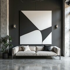 Minimalist Loft with Black and White Geometric Wall Art and Industrial Sofa – Modern Urban Interior Design