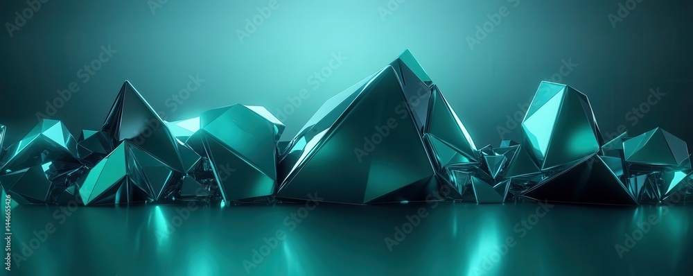 Aufkleber Abstract Geometric Shapes in Teal and Mint with Shiny Metallic Surface Crystal Background Low Poly Design for Modern Futuristic Style Luxury Art and Decoration in Still Life