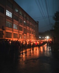 Fototapeta premium Nighttime crowd holding candles outside building