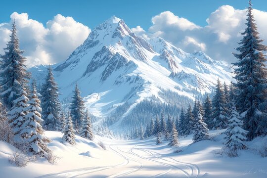Snowy mountain peak, winter forest path, sunny day, travel poster