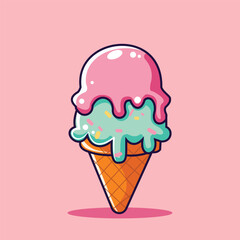Flat 2D cartoon ice cream cone with a happy melting face. Perfect for summer food designs, dessert illustrations, and hot weather themes.