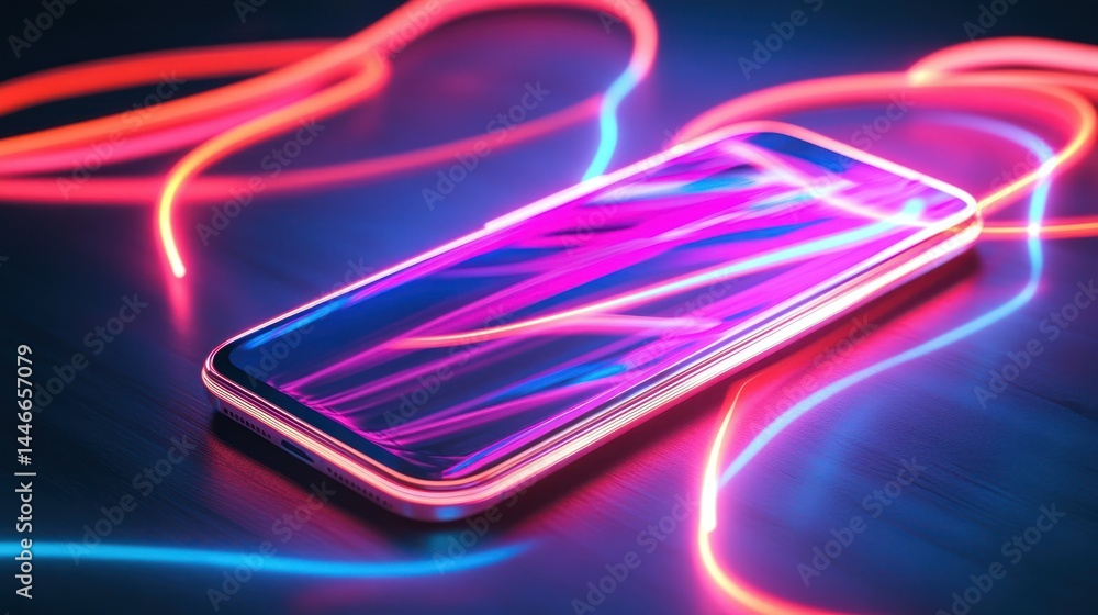 Poster smartphone displaying futuristic neon glow lines on a dark textured background