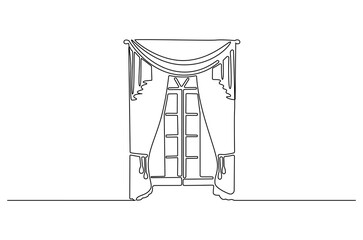 Naklejka premium Continuous one line drawing of window with curtains. Single line drawing illustration of windows living room with fabric. Living room interior concept vector art. Doodle line illustration.