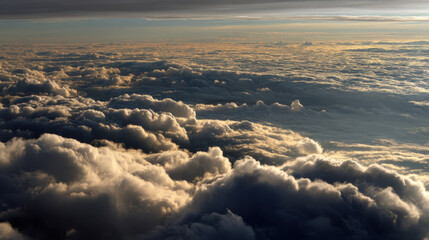 Birdseye view of endless rolling sea of clouds with soft light and peaceful atmosphere at sunset or sunrise
