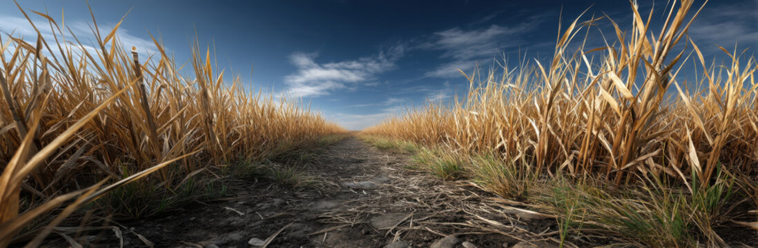 Dry cornfield with cracked soil under dramatic sky, showing dirt path between rows of golden corn stalks, evoking sense of drought and rural landscape