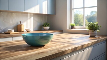 Sunlit Kitchen Countertop with Teal Bowl and Wooden Accents