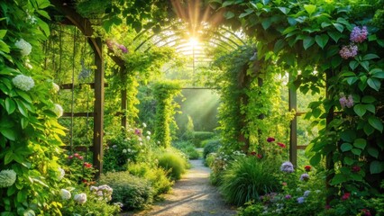 Fototapeta premium Sunlit Garden Path Under Lush Vine Covered Arbor