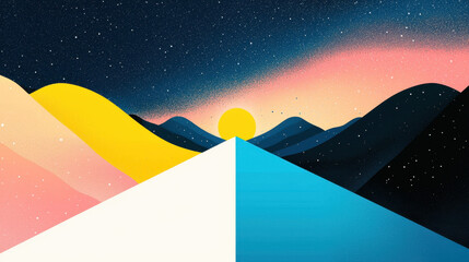 Obraz premium Serene mountain silhouettes meet a pastel sky illustration, featu copy space for peaceful contemplation under a star-filled horizon du a calm sunset scene.