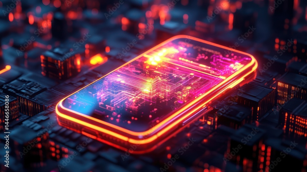 Poster cyberpunk smartphone rendering with abstract glowing circuitry and vibrant lighting