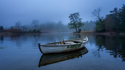 Obraz premium Serene misty lake dawn a lone rowboat floats peacefully reflecting tranquility beauty