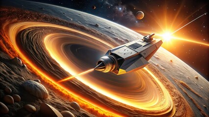 A futuristic spacecraft emits a powerful beam of energy as it navigates a celestial ring system, leaving a fiery trail in its wake