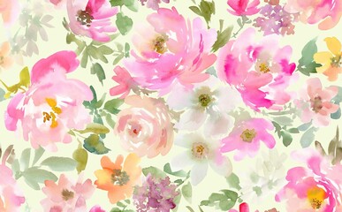 A seamless pattern of abstract  pink peonies, roses and wild flowers painted in watercolor. Hand painted floral wallpaper for spring and summer. A botanical pattern for wedding invitations.