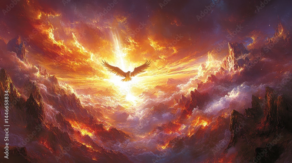 Poster etherealphoenixascendingthroughflamingskiesastralluminescencefirebirdsoaringmythicalcreaturecelestia