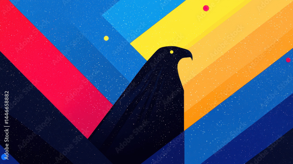 Poster regal eagle illustration against a geometric background with ample copy space in the middle, creatin