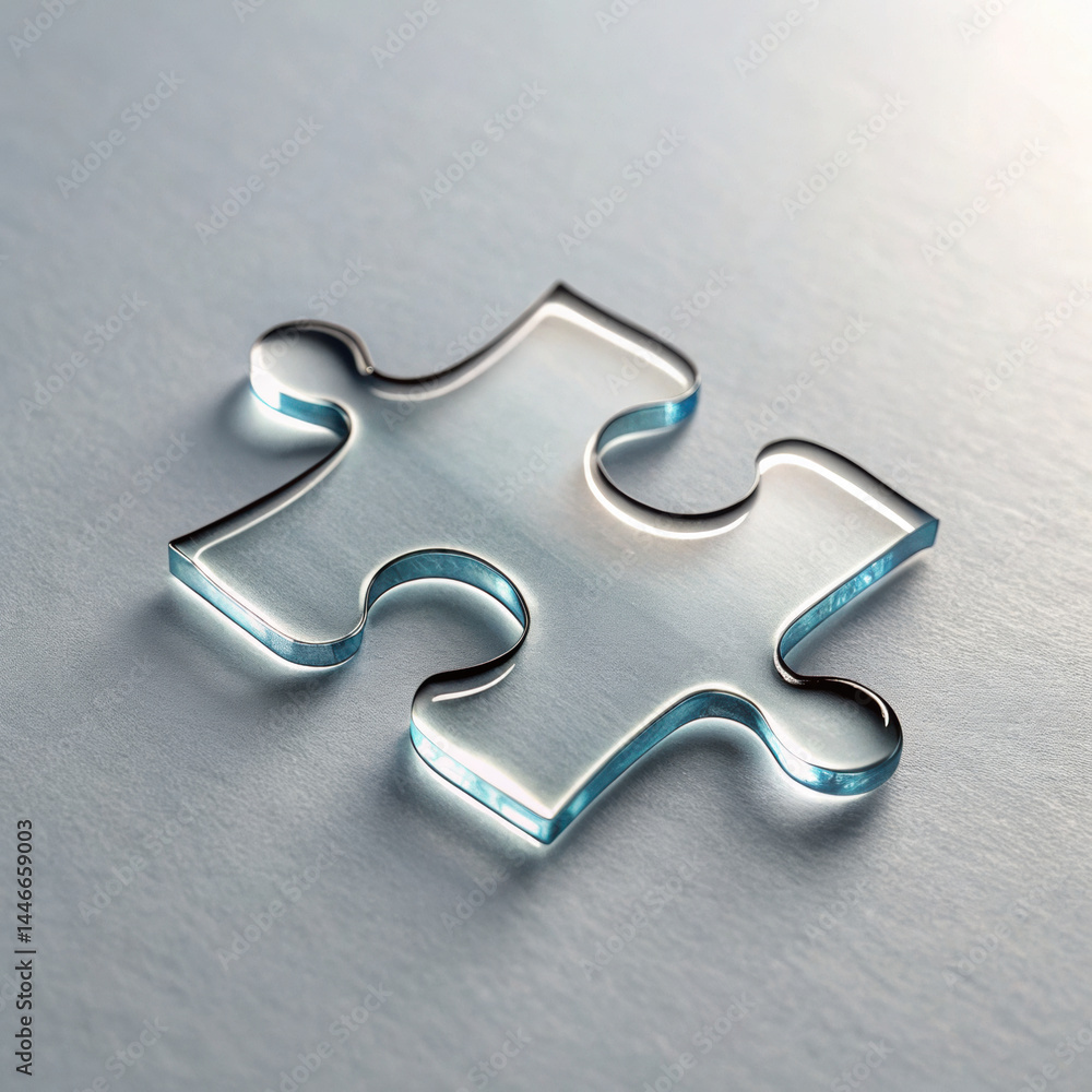 Poster transparent glass puzzle piece with smooth edges lies on light surface, reflecting soft light and cr