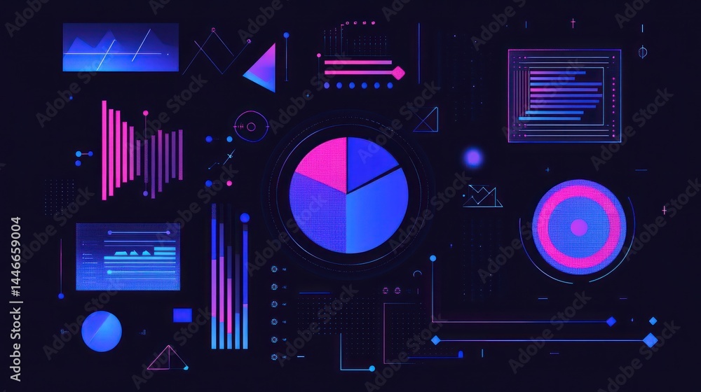 Poster neon-lit data visualization; charts, graphs, and geometric shapes illustrate data analysis