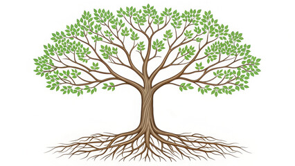 Fototapeta premium Detailed illustration of tree with green leaves and extensive roots spreading out below, symbolizing growth and connection in nature