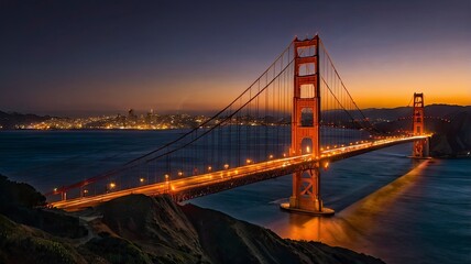 Obraz premium View of the Golden Gate Bridge at night illuminated by lights. Seen from the hill