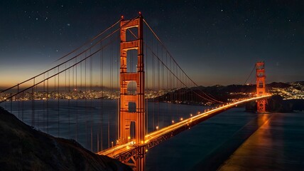 Fototapeta premium View of the Golden Gate Bridge at night illuminated by lights. Seen from the hill