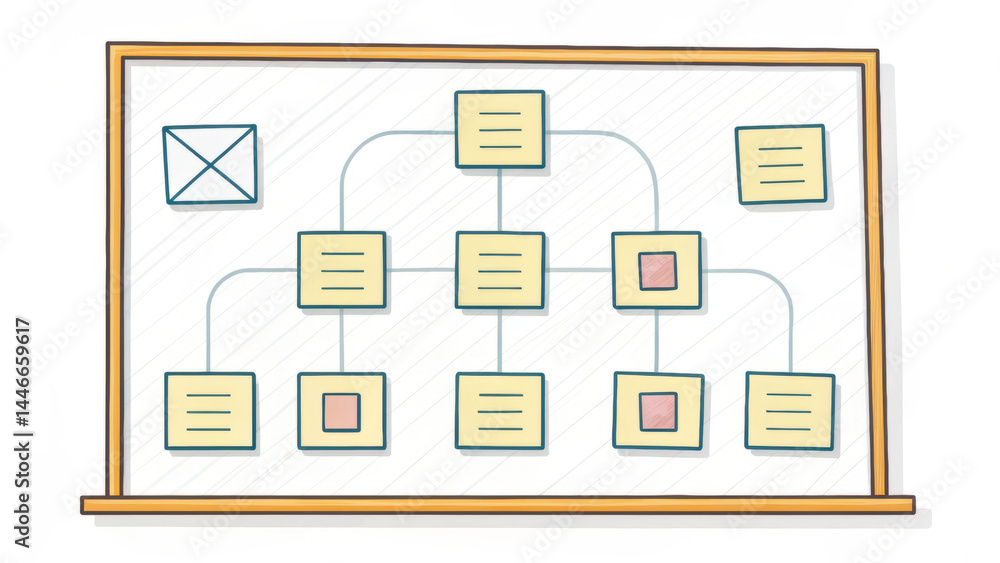 Poster organizational chart drawn on whiteboard with connected boxes and lines showing hierarchy and struct