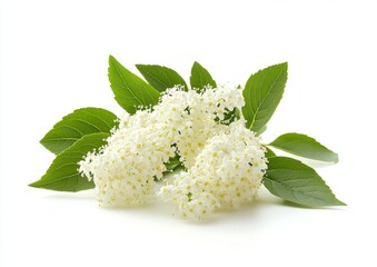 Fresh white flower clusters with green leaves