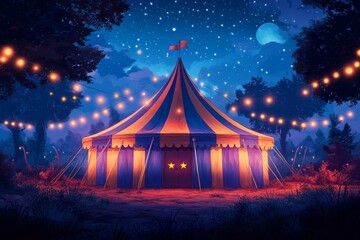 Nighttime circus tent, magical forest, starry sky, fantasy