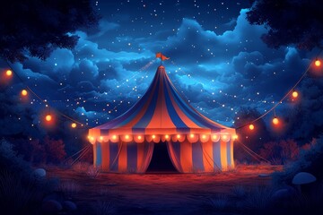 Night circus tent, magical forest, lanterns
