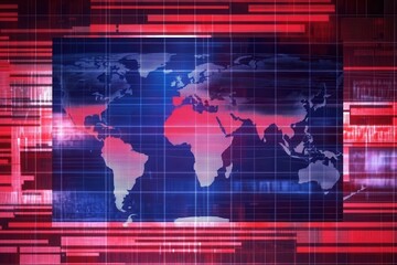 World map overlaid on a digital, technology-based backdrop with vibrant colors and graphical elements  Data streams and a grid pattern fill the background