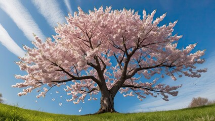 Fototapeta premium Cherry blossom trees growing in the meadow are seen from below and show the blue and cloudy sky.