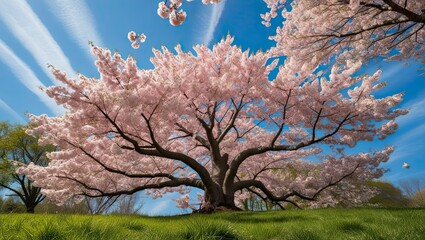 Cherry blossom trees growing in the meadow are seen from below and show the blue and cloudy sky.