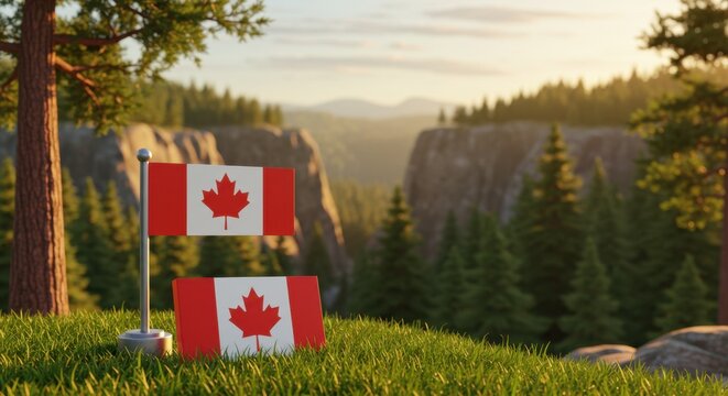 Canadian Flag Hanging on Wooden Gazebo in a Lush Green Field Under a Sunny Sky