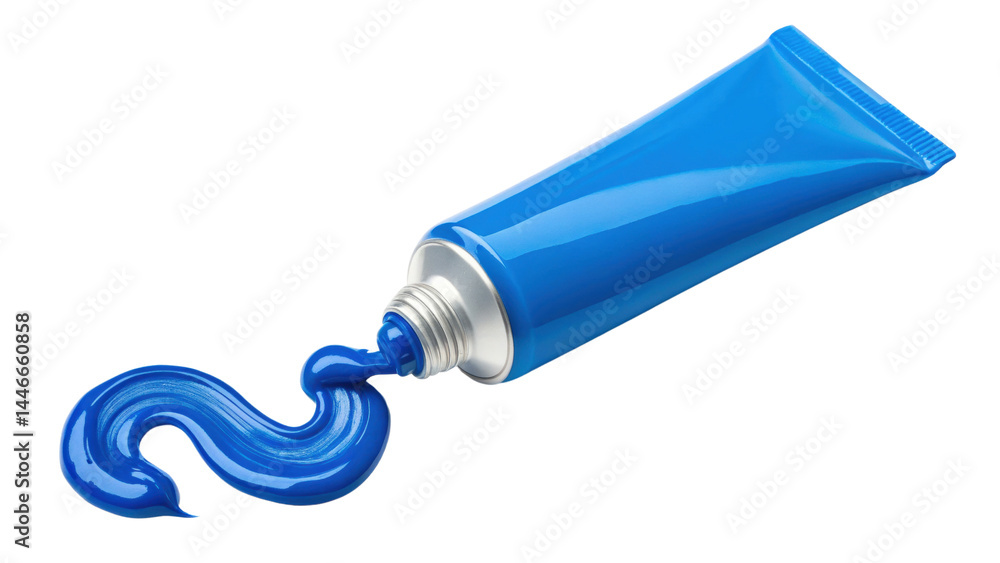 Aufkleber blue paint tube with glossy paint squeezed out in smooth swirl, showing vibrant color and shiny text