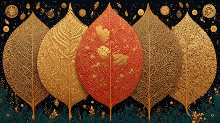 Intricate Gold   Red Leaf Art  Hyperrealistic Botanical Illustration  Nature Print  Autumn